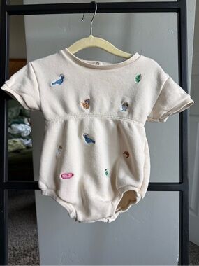 Oeuf Embroidered Café Baby Romper Cream 100% Pima Cotton, 18M